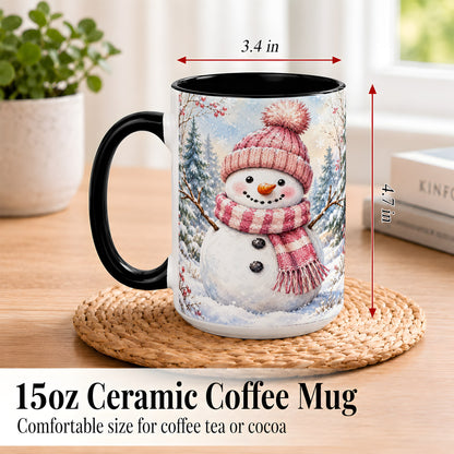 #pl[15oz|Black] Pink Snowman Coffee Mug, Cozy Winter Snowman Mug, Ceramic Cup