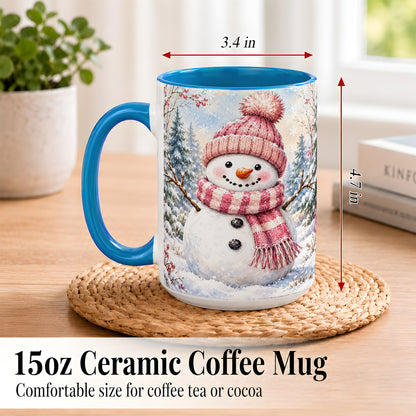 #pl[15oz|Blue] Pink Snowman Coffee Mug, Cozy Winter Snowman Mug, Ceramic Cup