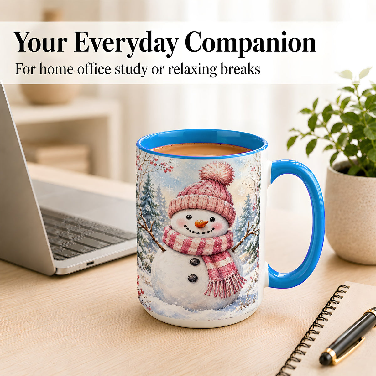 #pl[15oz|Blue] Pink Snowman Coffee Mug, Cozy Winter Snowman Mug, Ceramic Cup
