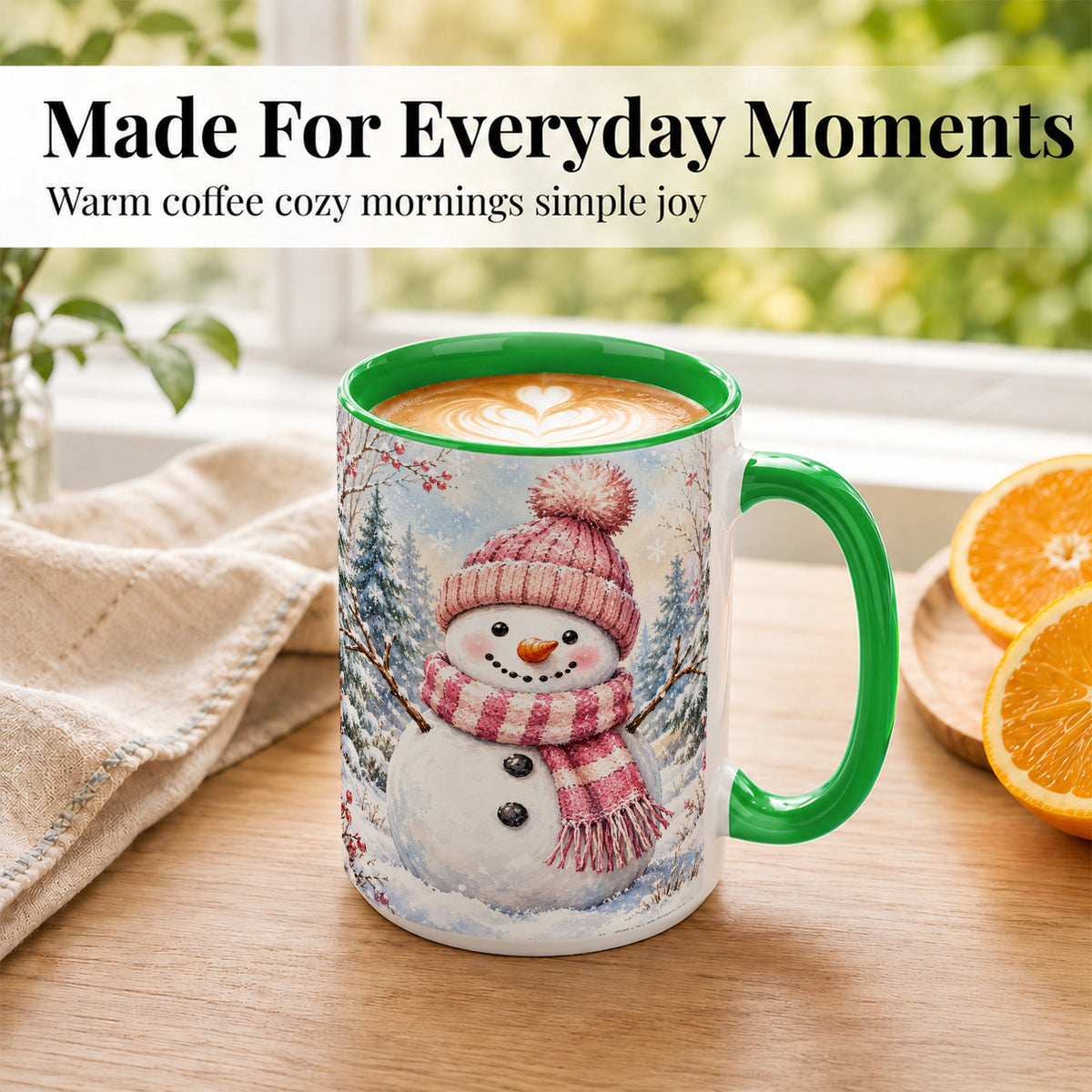 #pl[15oz|Green] Pink Snowman Coffee Mug, Cozy Winter Snowman Mug, Ceramic Cup