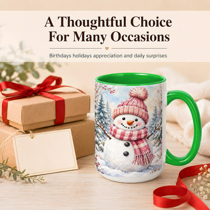 #pl[15oz|Green] Pink Snowman Coffee Mug, Cozy Winter Snowman Mug, Ceramic Cup