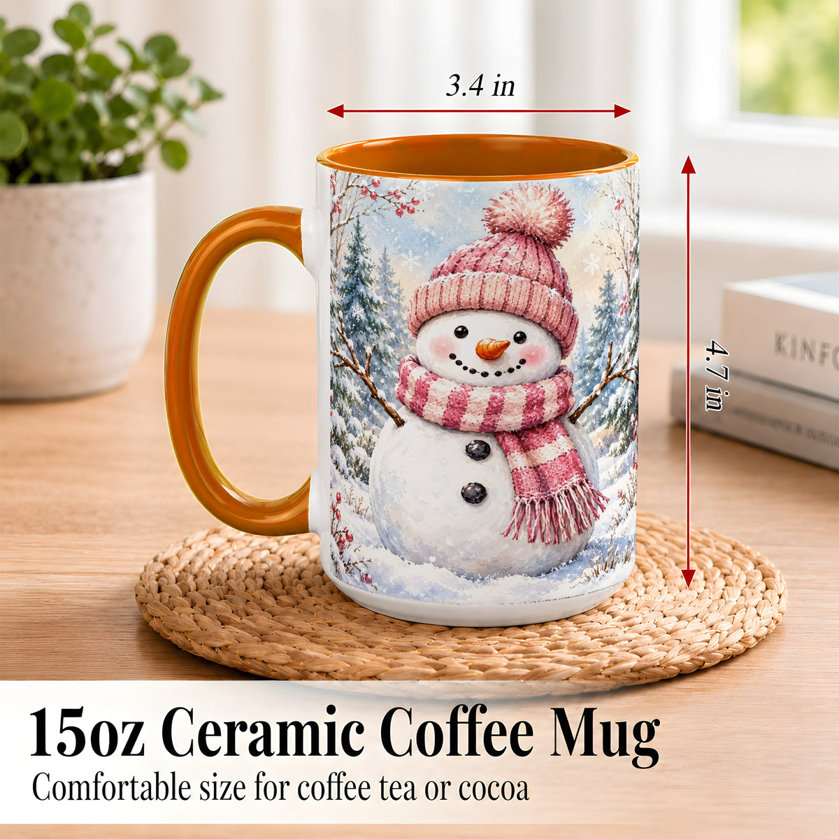 #pl[15oz|Orange] Pink Snowman Coffee Mug, Cozy Winter Snowman Mug, Ceramic Cup