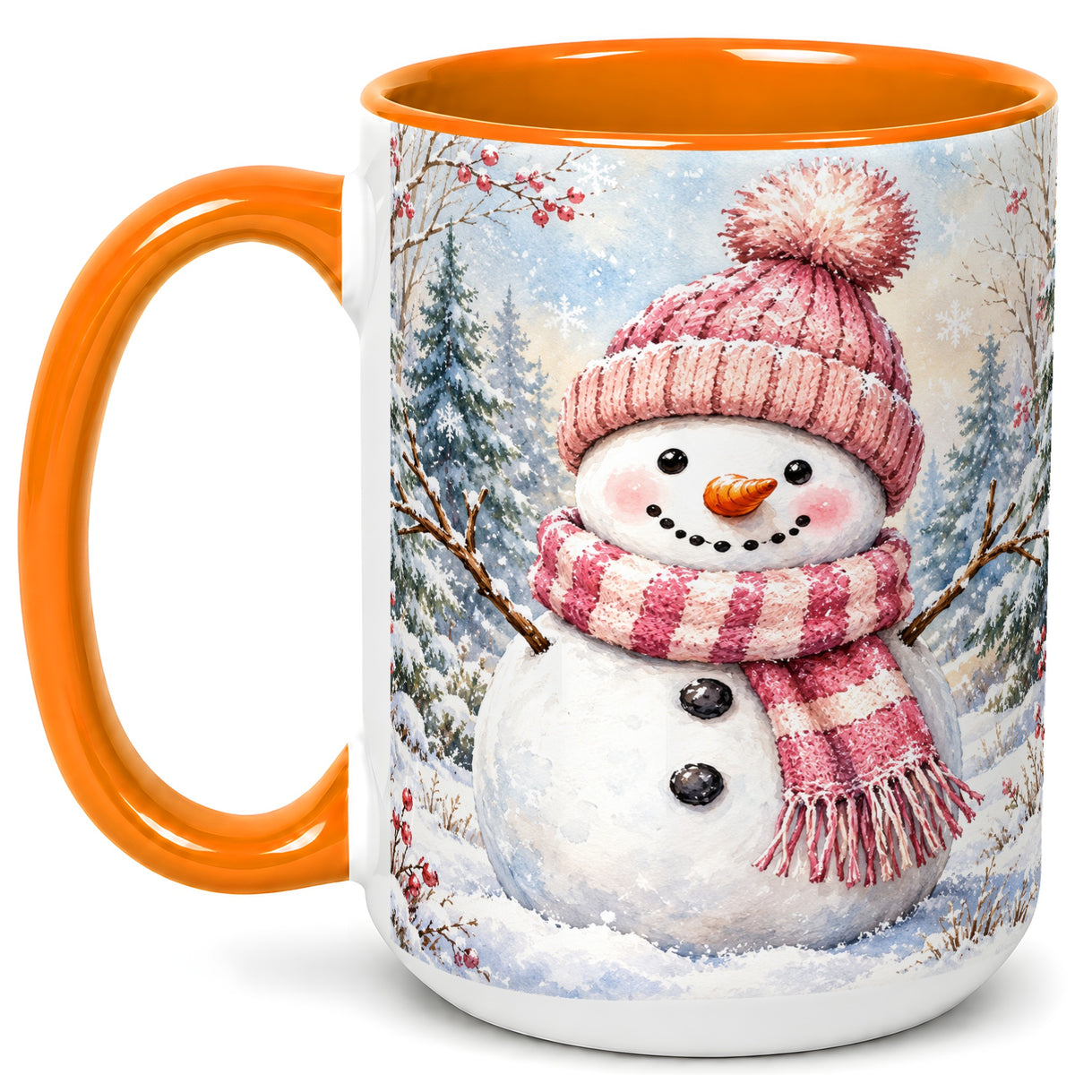 #pl[15oz|Orange] Pink Snowman Coffee Mug, Cozy Winter Snowman Mug, Ceramic Cup