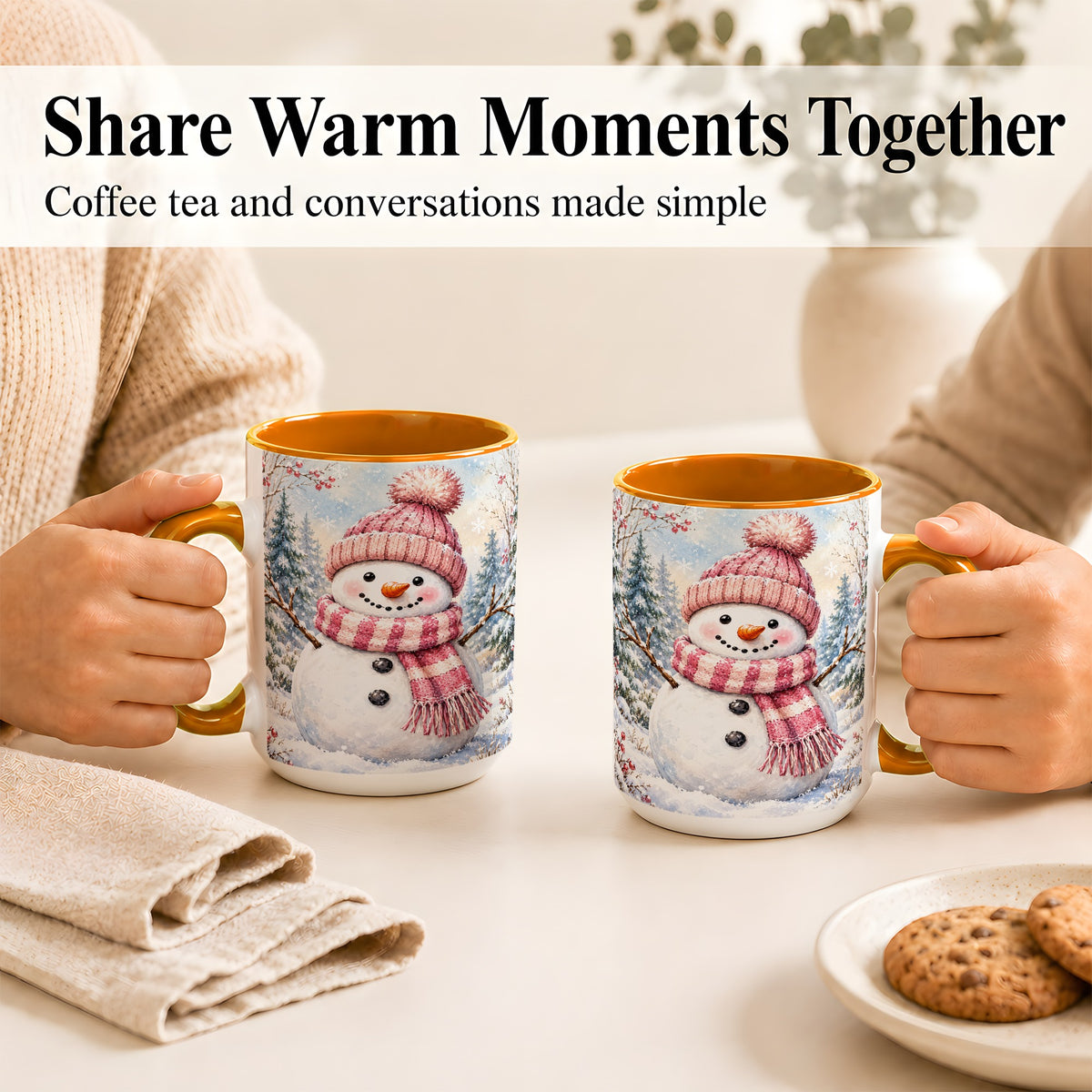 #pl[15oz|Orange] Pink Snowman Coffee Mug, Cozy Winter Snowman Mug, Ceramic Cup