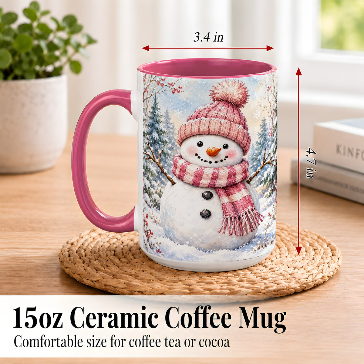 #pl[15oz|Pink] Pink Snowman Coffee Mug, Cozy Winter Snowman Mug, Ceramic Cup