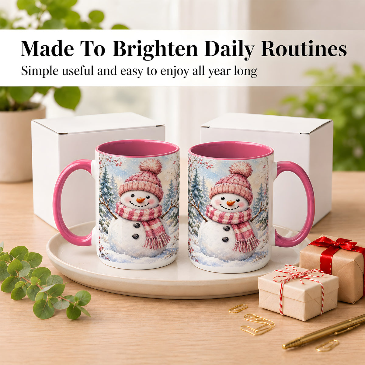 #pl[15oz|Pink] Pink Snowman Coffee Mug, Cozy Winter Snowman Mug, Ceramic Cup