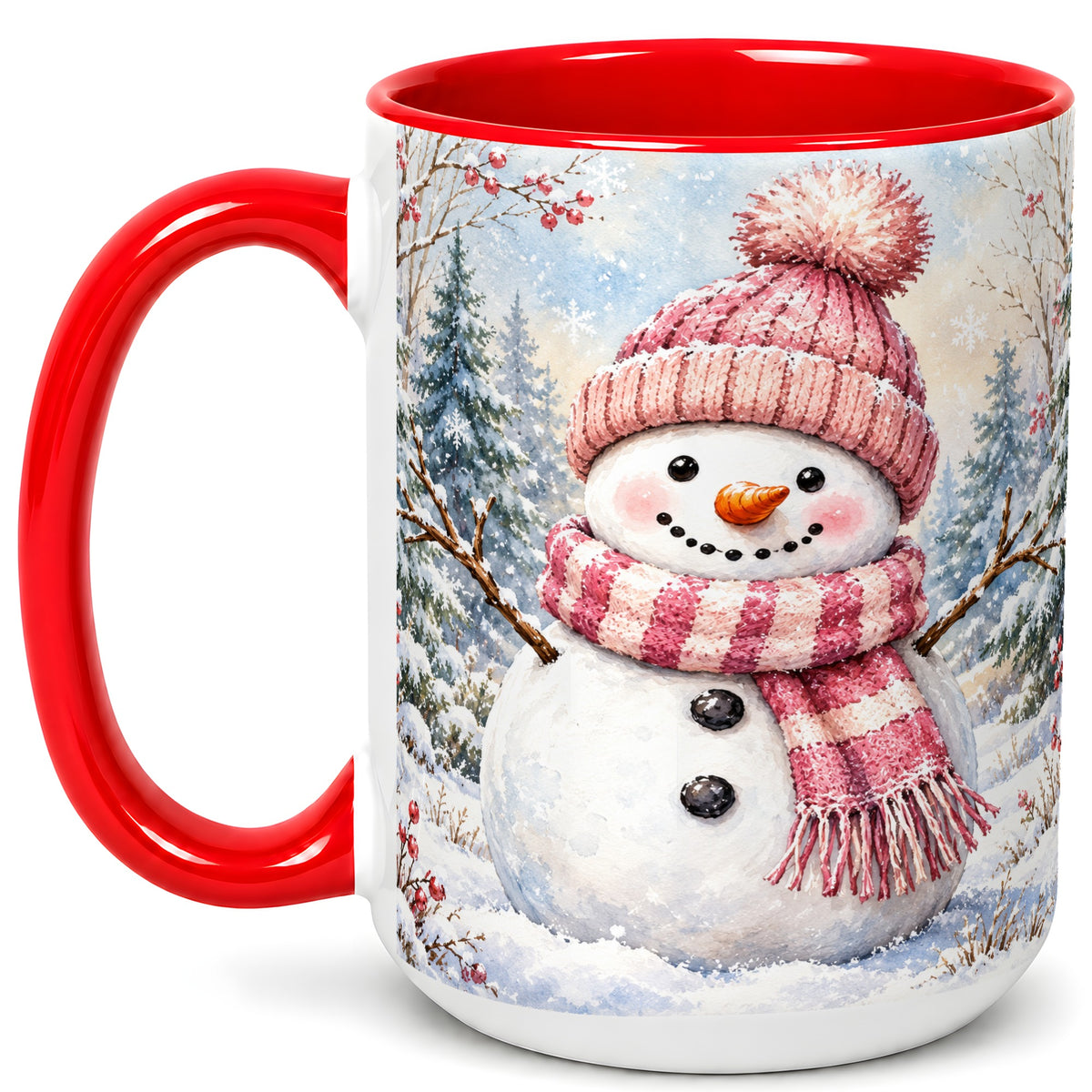 #pl[15oz|Red] Pink Snowman Coffee Mug, Cozy Winter Snowman Mug, Ceramic Cup