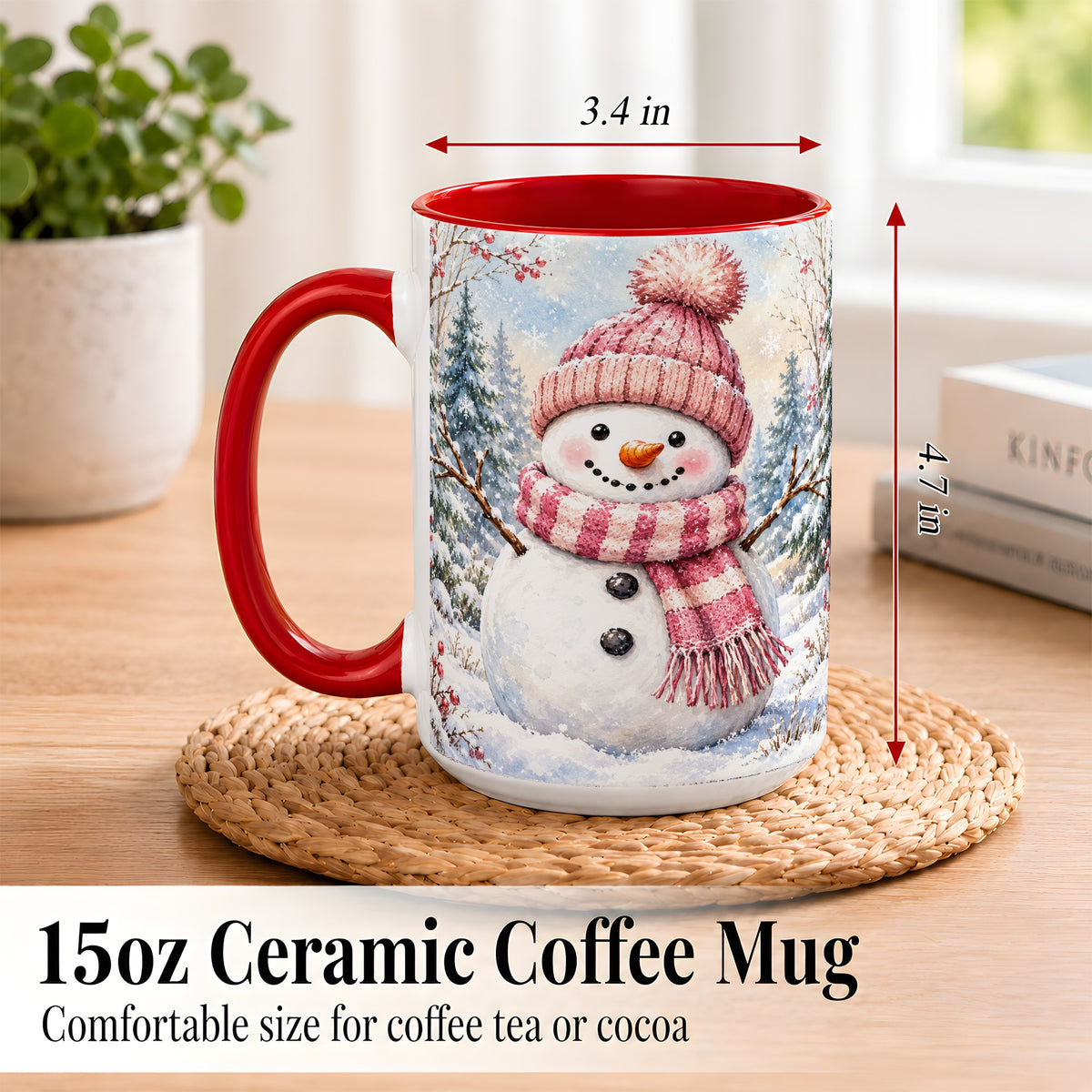 #pl[15oz|Red] Pink Snowman Coffee Mug, Cozy Winter Snowman Mug, Ceramic Cup