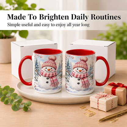 #pl[15oz|Red] Pink Snowman Coffee Mug, Cozy Winter Snowman Mug, Ceramic Cup