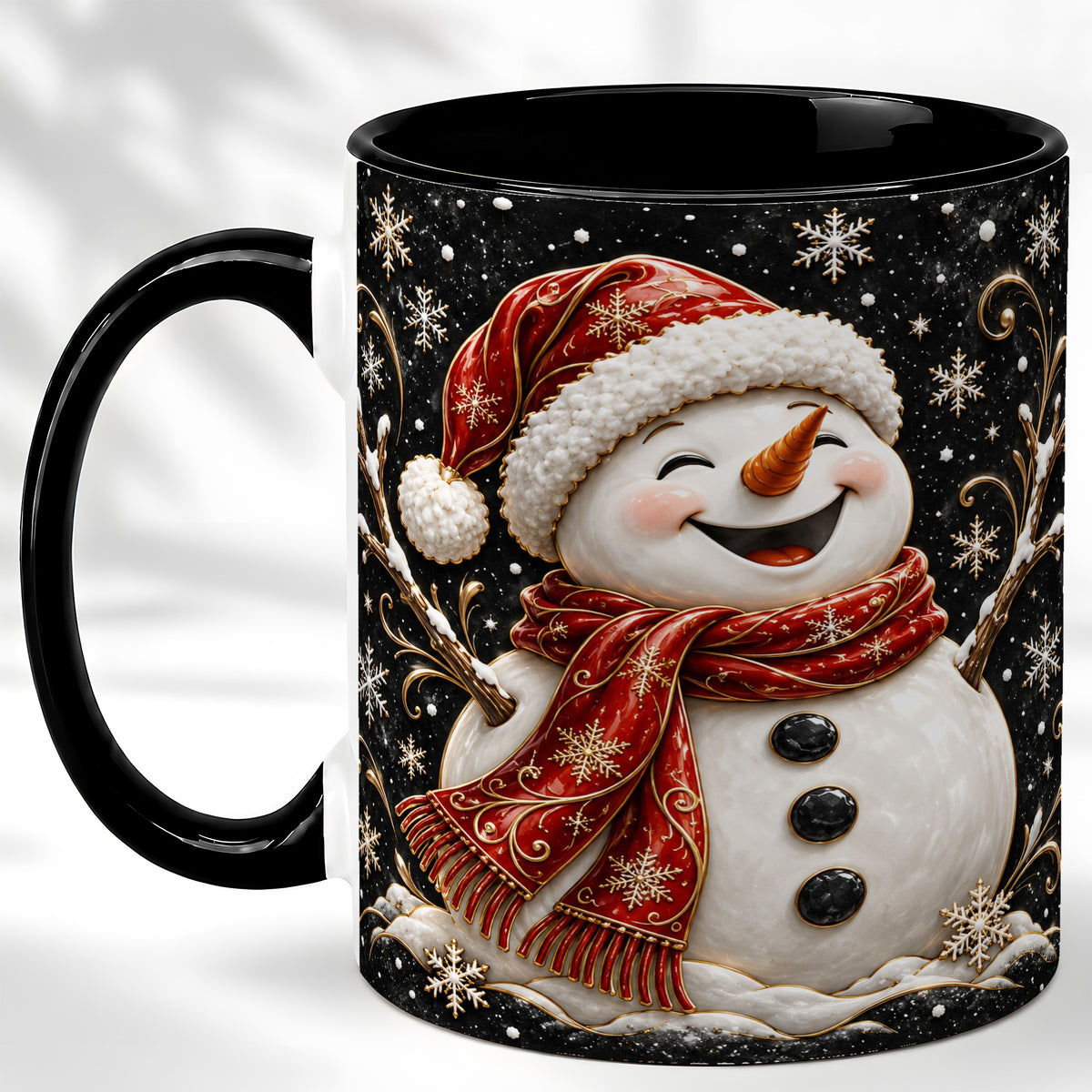#pl[11oz|Black] Happy Snowman Coffee Mug, Red Hat Winter Mug, Ceramic Cup