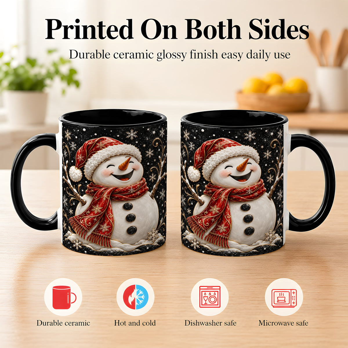 #pl[11oz|Black] Happy Snowman Coffee Mug, Red Hat Winter Mug, Ceramic Cup