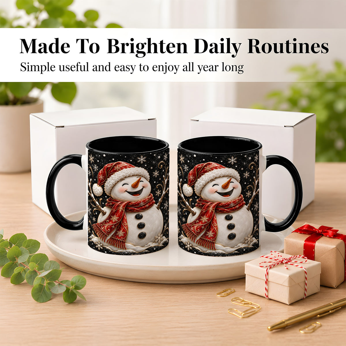 #pl[11oz|Black] Happy Snowman Coffee Mug, Red Hat Winter Mug, Ceramic Cup
