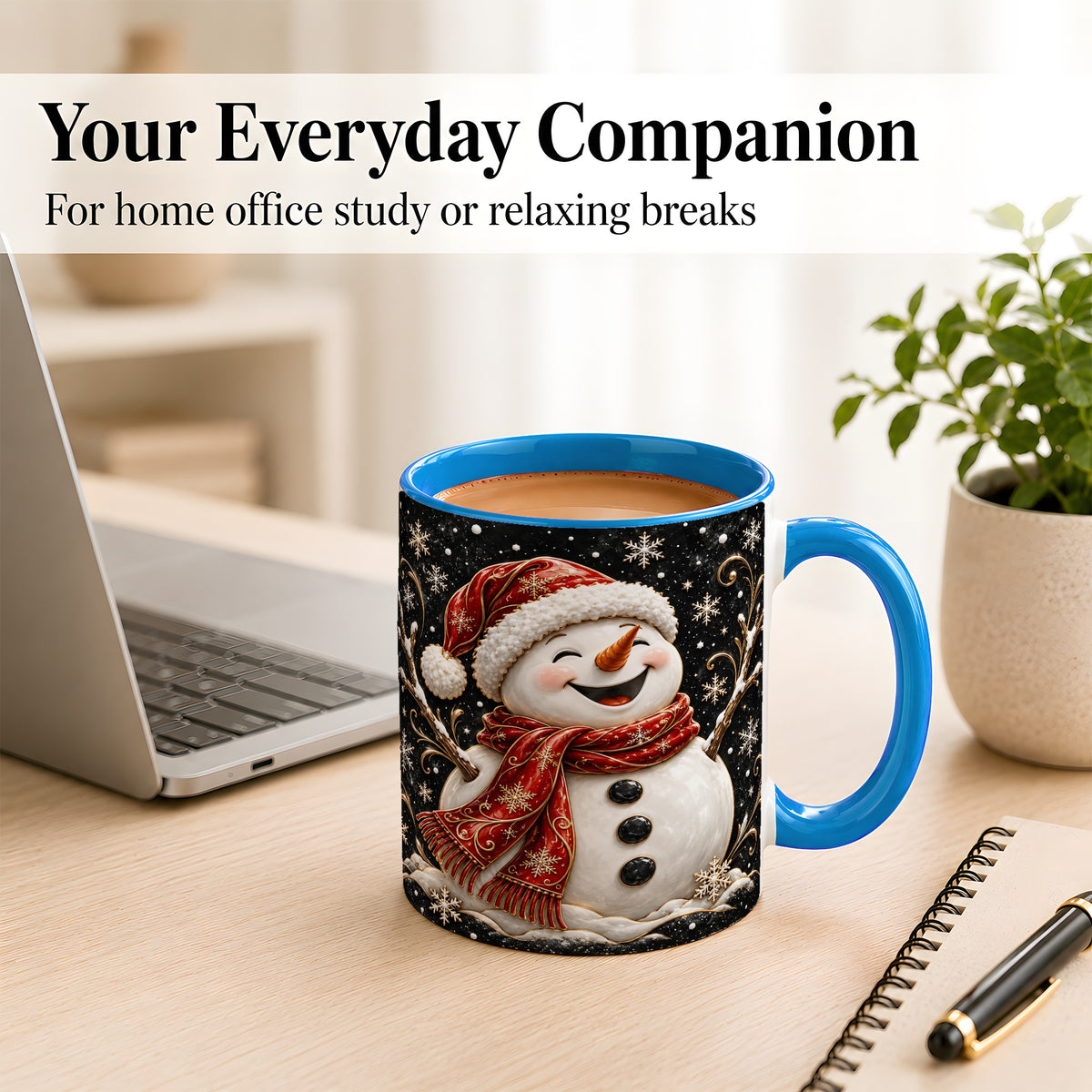 #pl[11oz|Blue] Happy Snowman Coffee Mug, Red Hat Winter Mug, Ceramic Cup