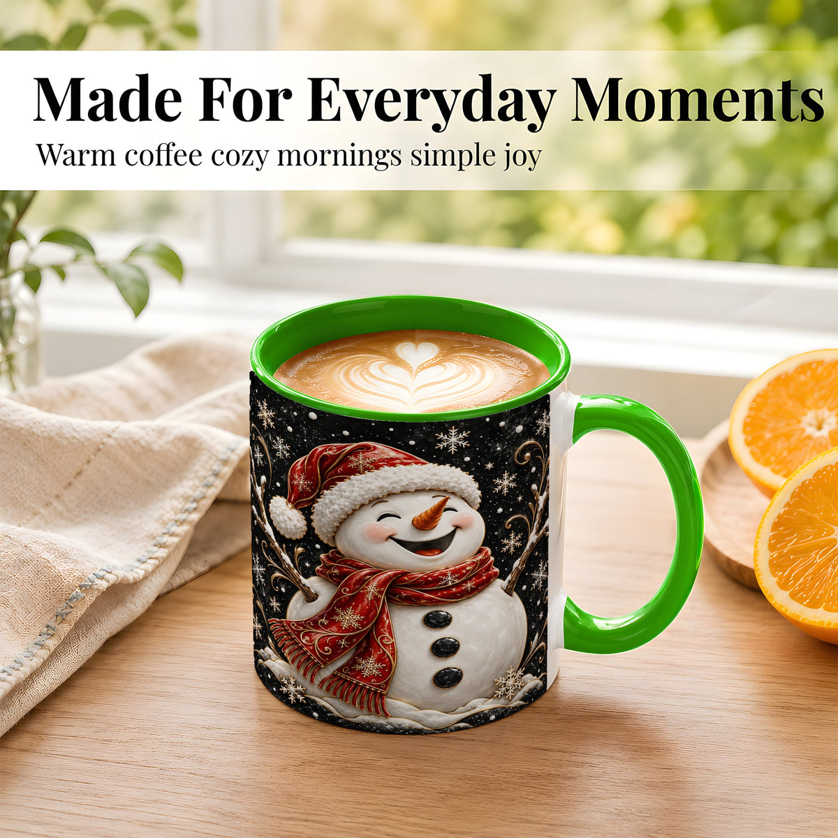 #pl[11oz|Green] Happy Snowman Coffee Mug, Red Hat Winter Mug, Ceramic Cup