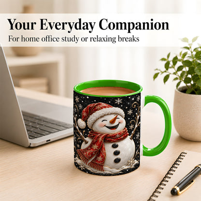 #pl[11oz|Green] Happy Snowman Coffee Mug, Red Hat Winter Mug, Ceramic Cup