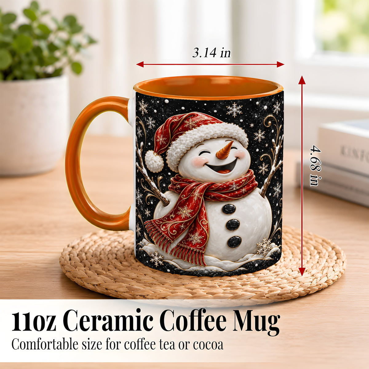 #pl[11oz|Orange] Happy Snowman Coffee Mug, Red Hat Winter Mug, Ceramic Cup