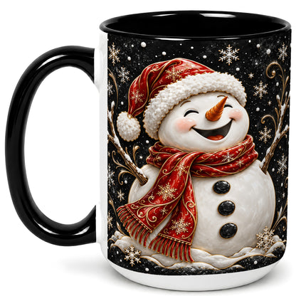 #pl[15oz|Black] Happy Snowman Coffee Mug, Red Hat Winter Mug, Ceramic Cup