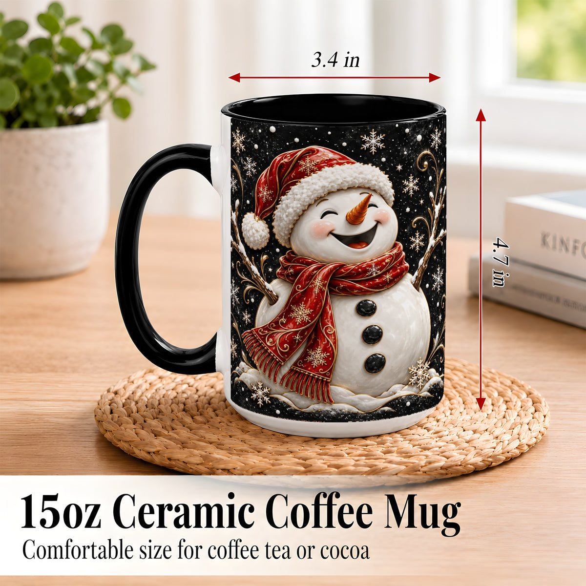 #pl[15oz|Black] Happy Snowman Coffee Mug, Red Hat Winter Mug, Ceramic Cup