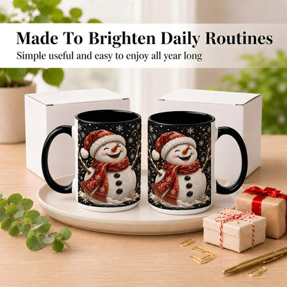 #pl[15oz|Black] Happy Snowman Coffee Mug, Red Hat Winter Mug, Ceramic Cup