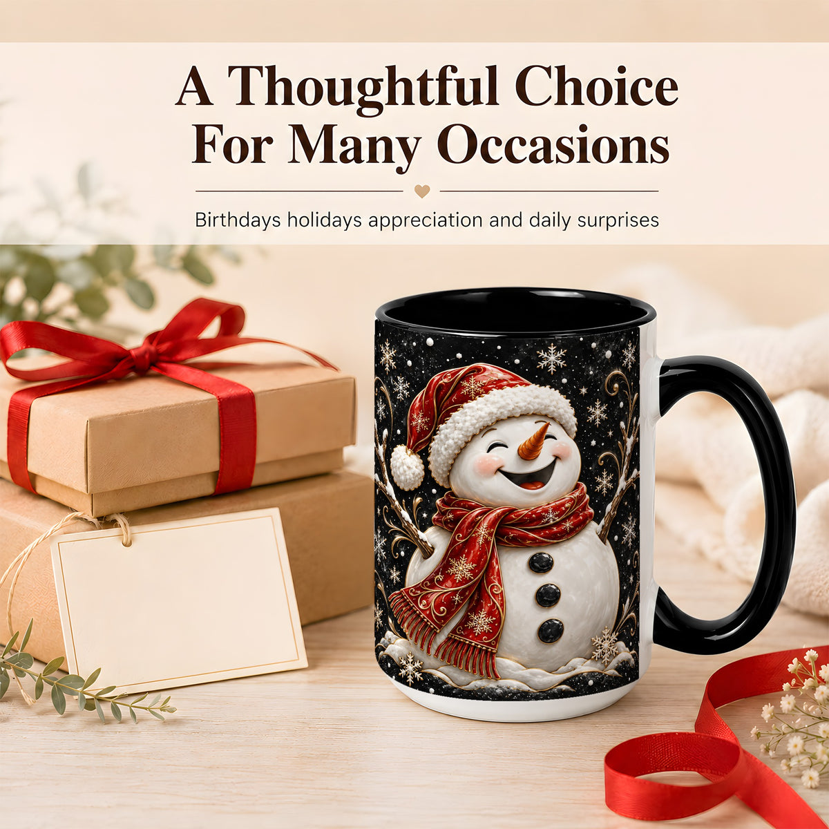 #pl[15oz|Black] Happy Snowman Coffee Mug, Red Hat Winter Mug, Ceramic Cup