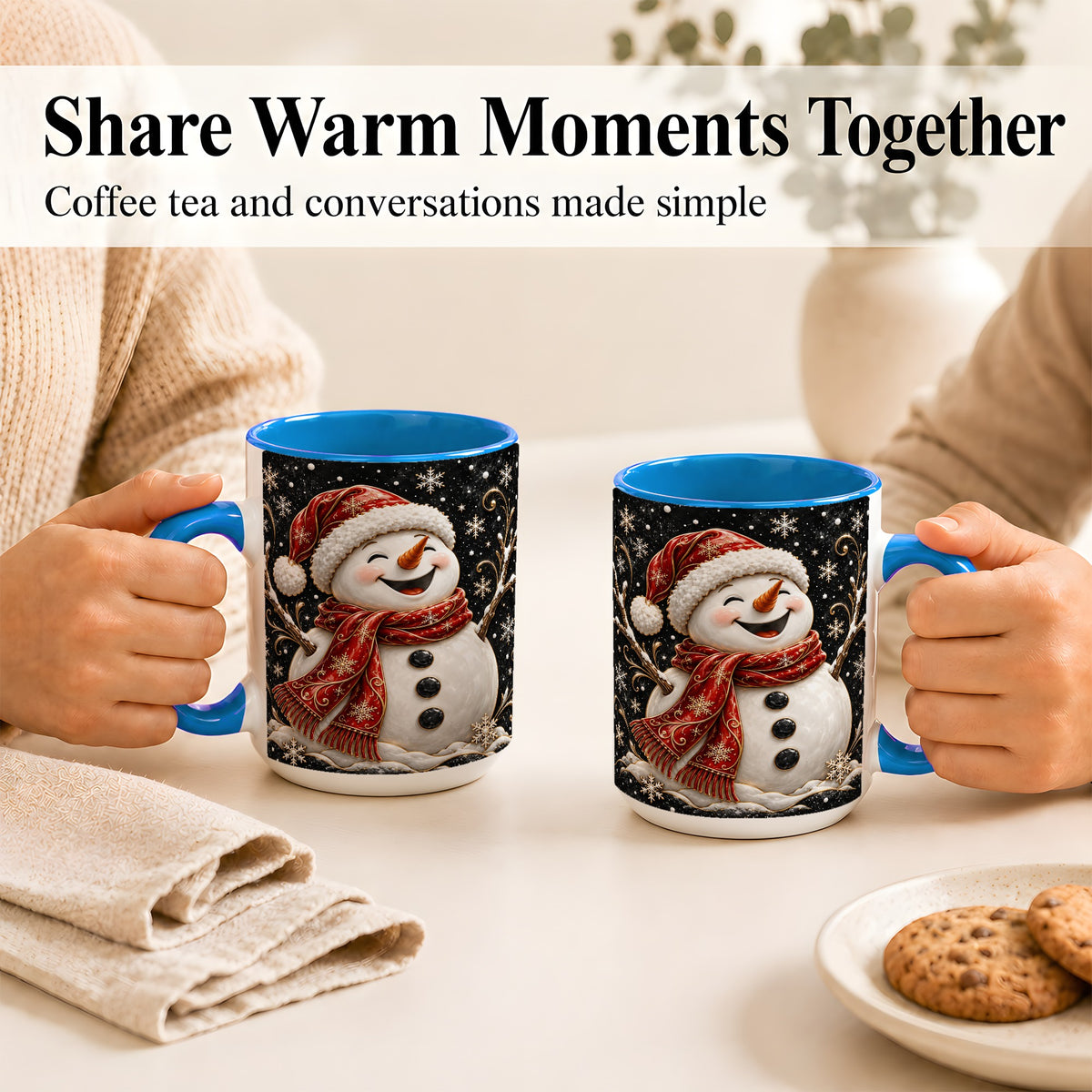 #pl[15oz|Blue] Happy Snowman Coffee Mug, Red Hat Winter Mug, Ceramic Cup