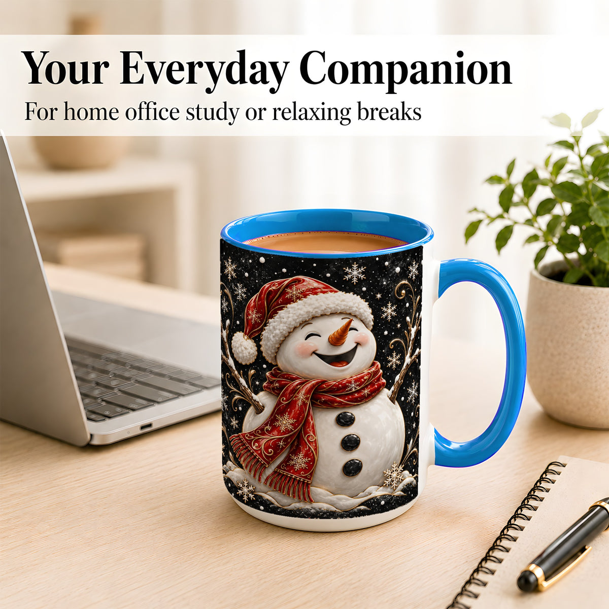 #pl[15oz|Blue] Happy Snowman Coffee Mug, Red Hat Winter Mug, Ceramic Cup