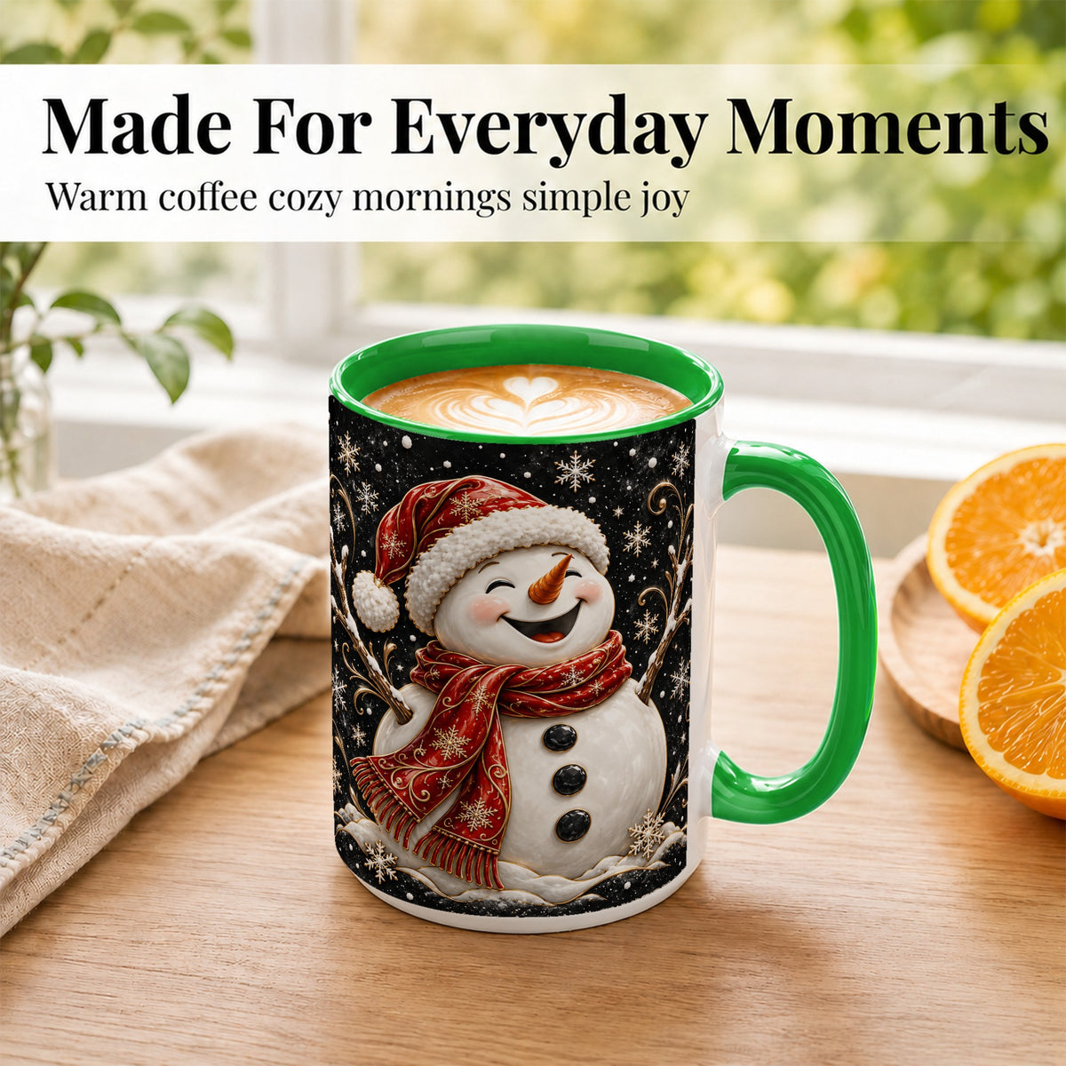 #pl[15oz|Green] Happy Snowman Coffee Mug, Red Hat Winter Mug, Ceramic Cup