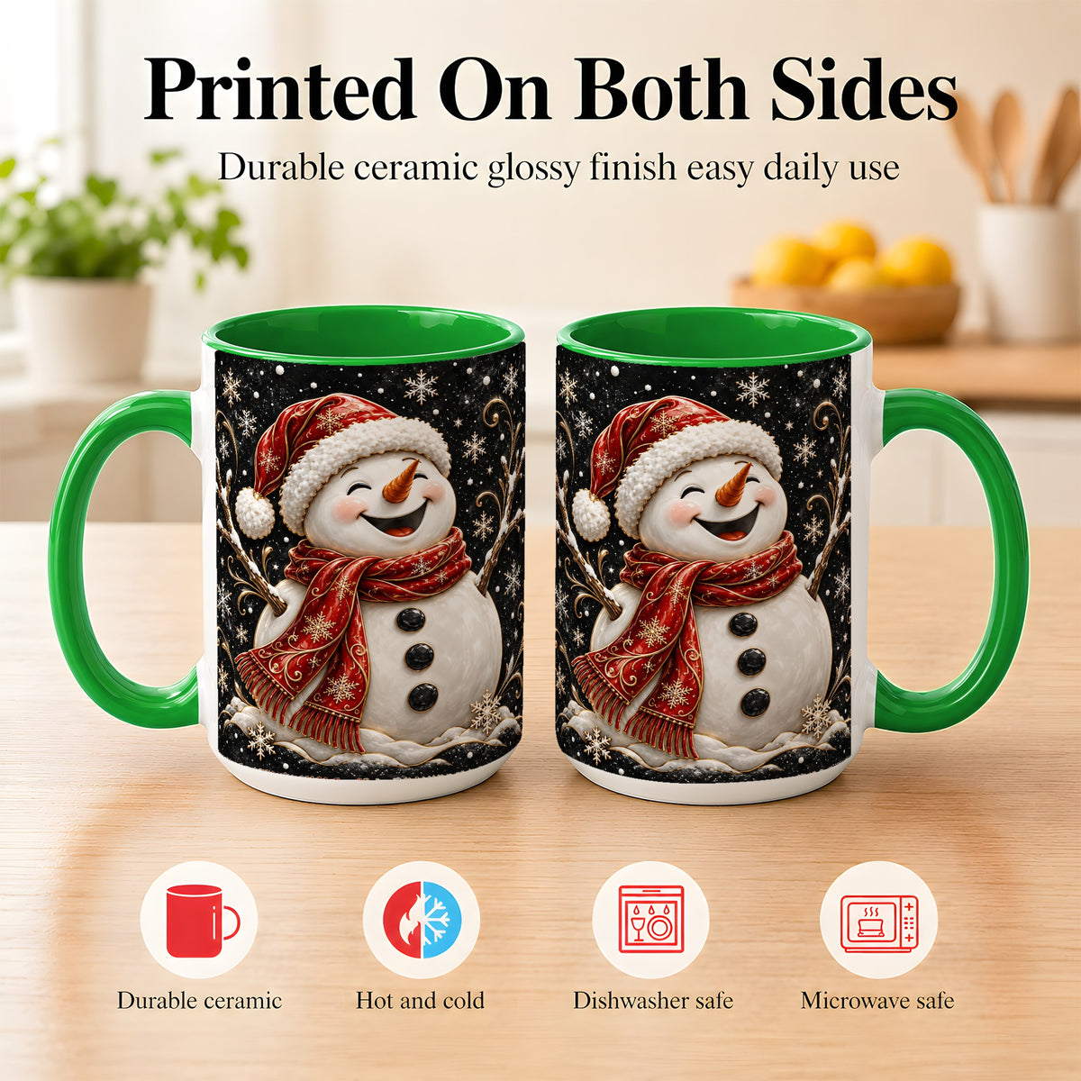 #pl[15oz|Green] Happy Snowman Coffee Mug, Red Hat Winter Mug, Ceramic Cup