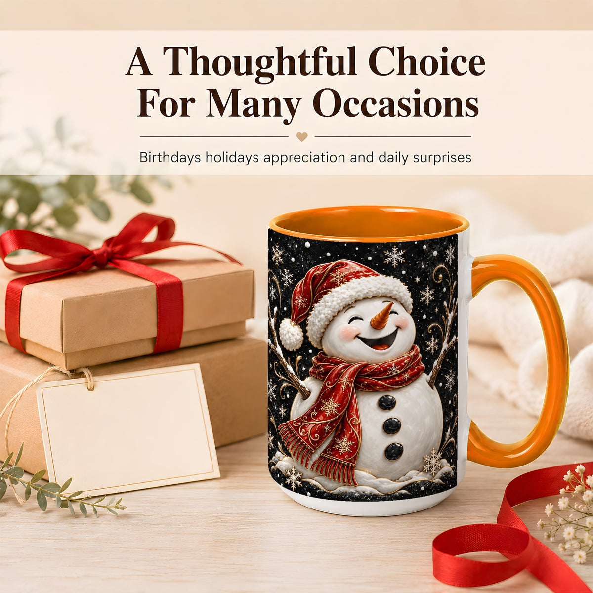 #pl[15oz|Orange] Happy Snowman Coffee Mug, Red Hat Winter Mug, Ceramic Cup