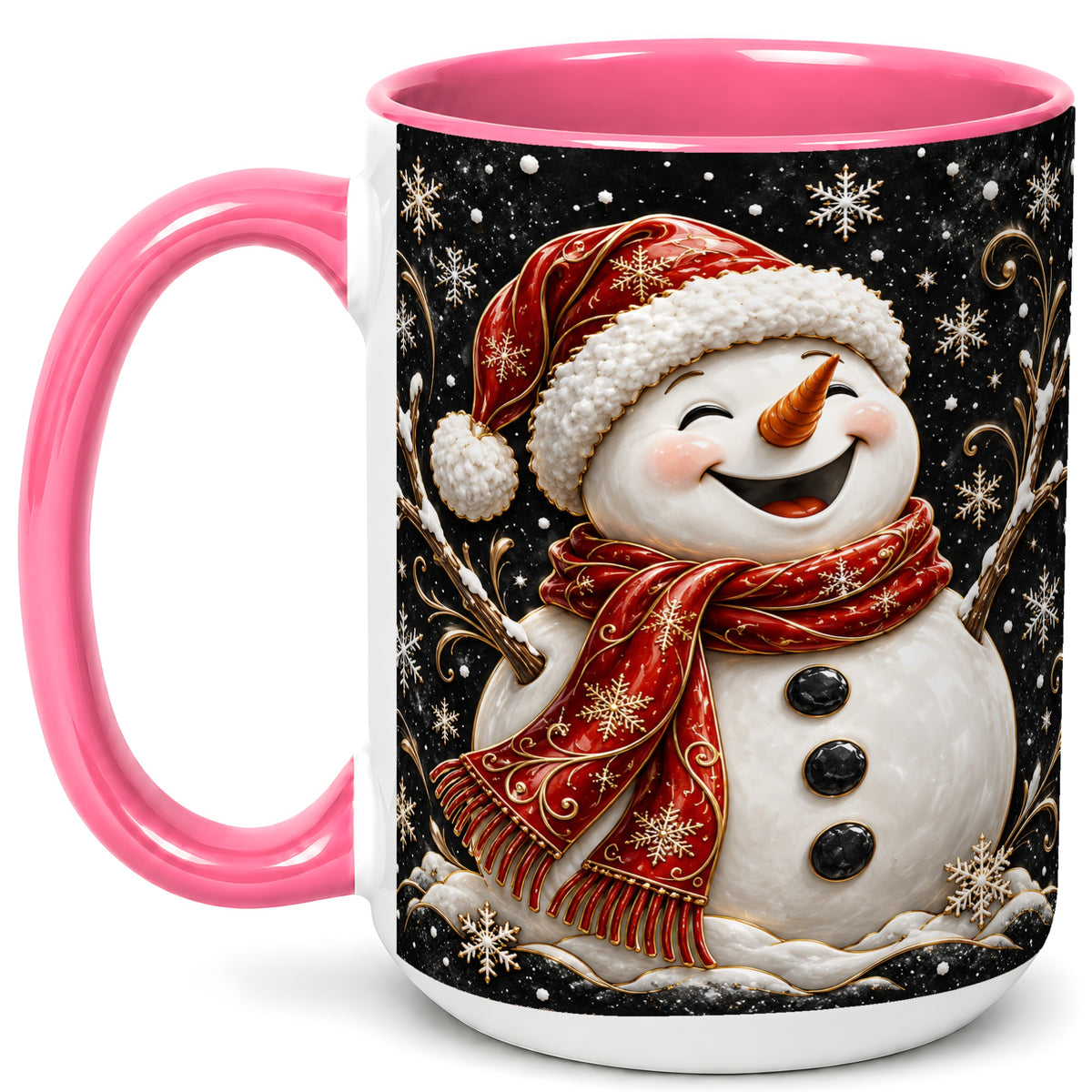 #pl[15oz|Pink] Happy Snowman Coffee Mug, Red Hat Winter Mug, Ceramic Cup