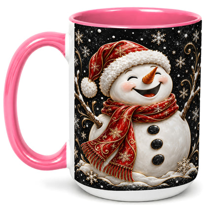 #pl[15oz|Pink] Happy Snowman Coffee Mug, Red Hat Winter Mug, Ceramic Cup