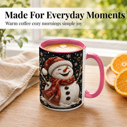 #pl[15oz|Pink] Happy Snowman Coffee Mug, Red Hat Winter Mug, Ceramic Cup