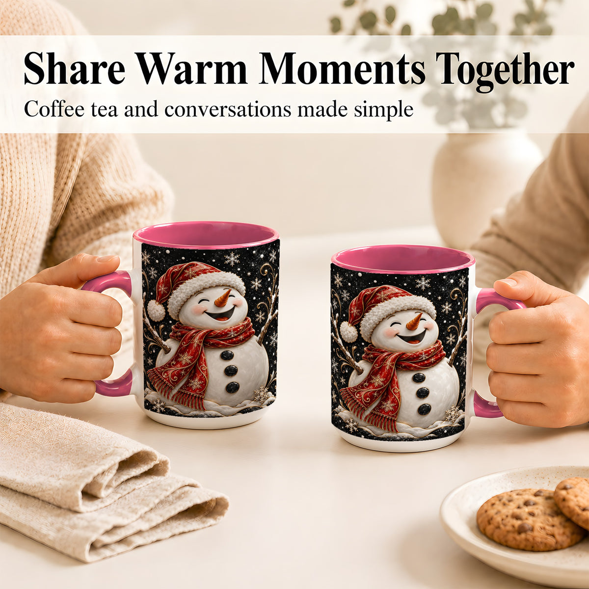 #pl[15oz|Pink] Happy Snowman Coffee Mug, Red Hat Winter Mug, Ceramic Cup
