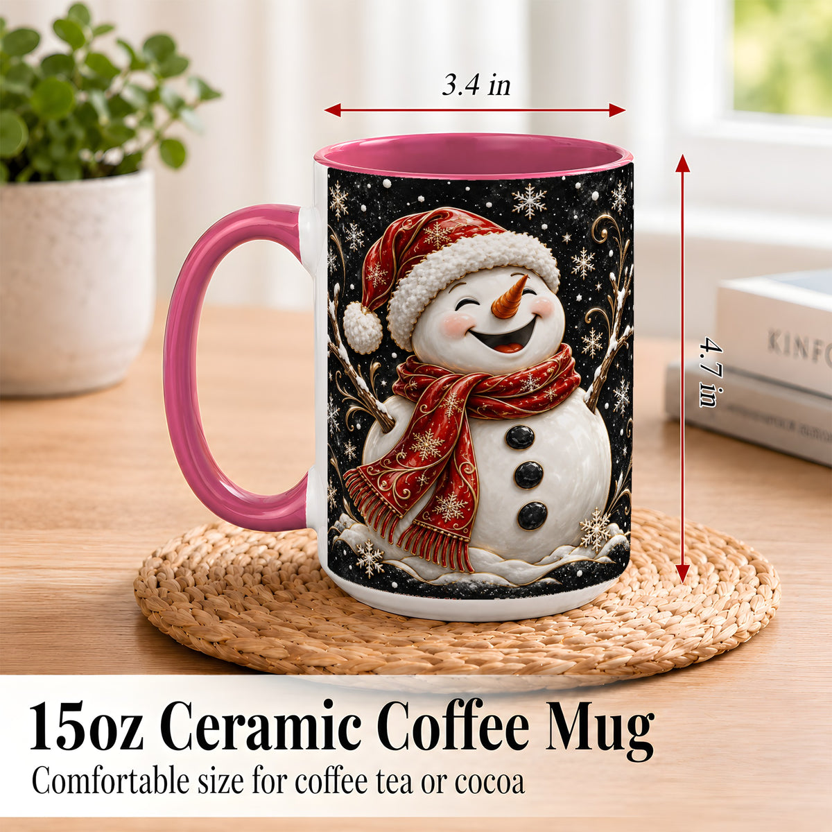 #pl[15oz|Pink] Happy Snowman Coffee Mug, Red Hat Winter Mug, Ceramic Cup
