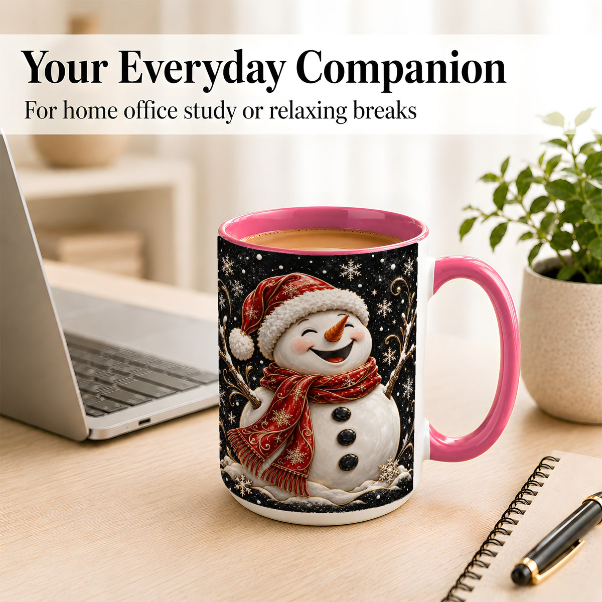 #pl[15oz|Pink] Happy Snowman Coffee Mug, Red Hat Winter Mug, Ceramic Cup