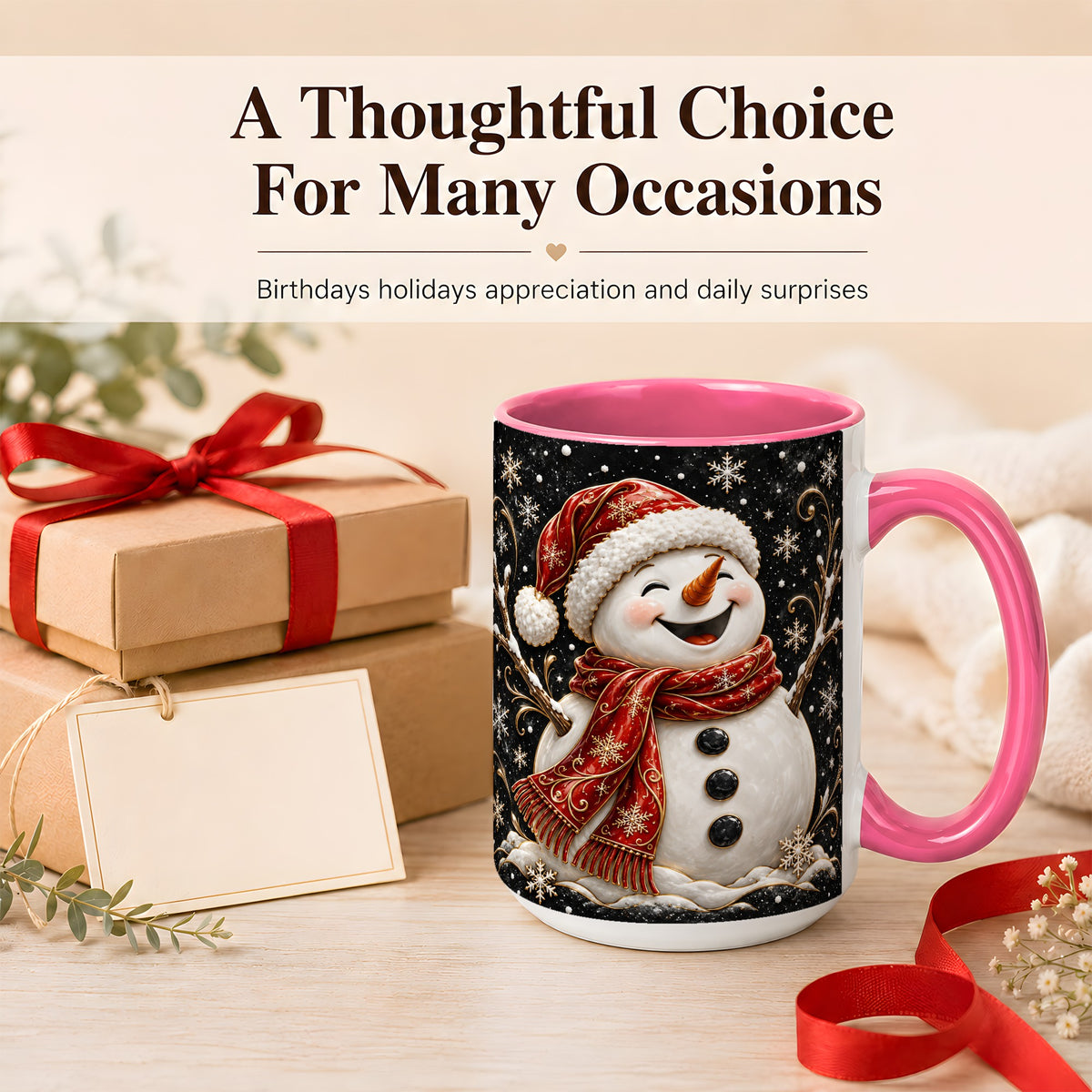 #pl[15oz|Pink] Happy Snowman Coffee Mug, Red Hat Winter Mug, Ceramic Cup