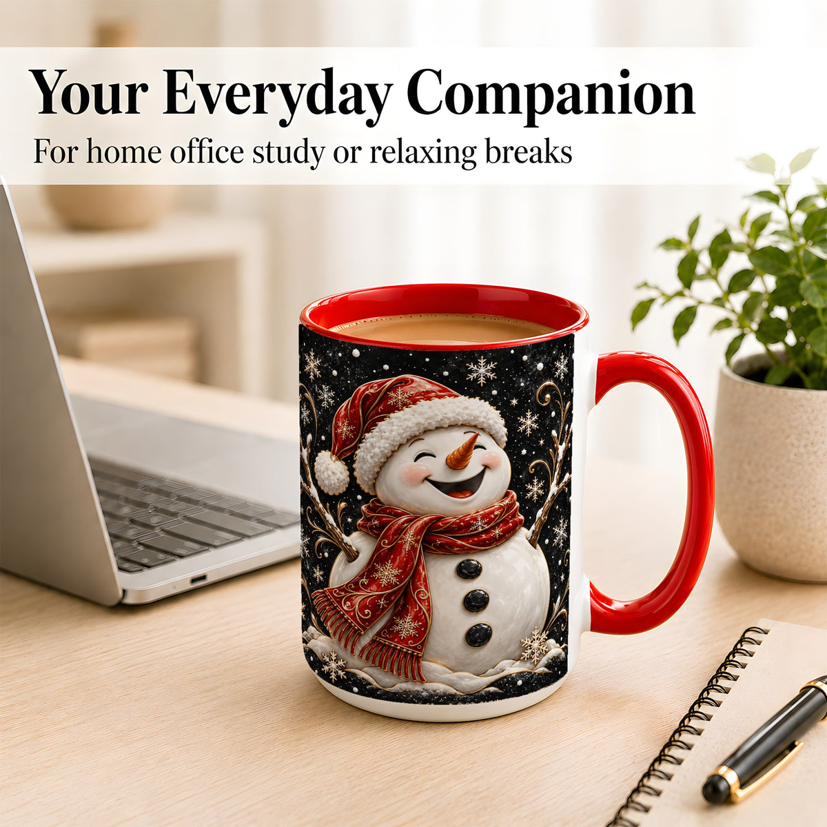 #pl[15oz|Red] Happy Snowman Coffee Mug, Red Hat Winter Mug, Ceramic Cup