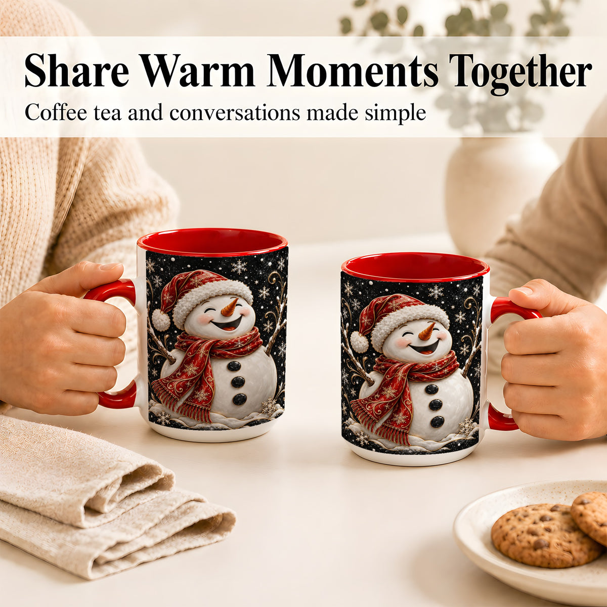 #pl[15oz|Red] Happy Snowman Coffee Mug, Red Hat Winter Mug, Ceramic Cup