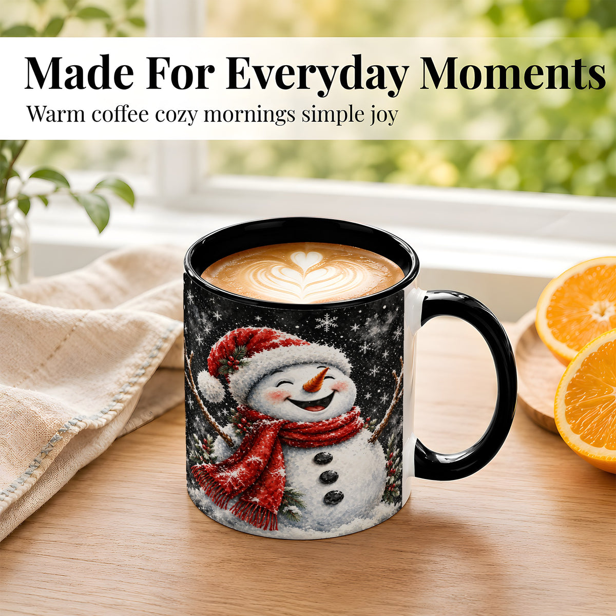 #pl[11oz|Black] Watercolor Snowman Coffee Mug, Red Scarf Winter Mug, Ceramic Cup