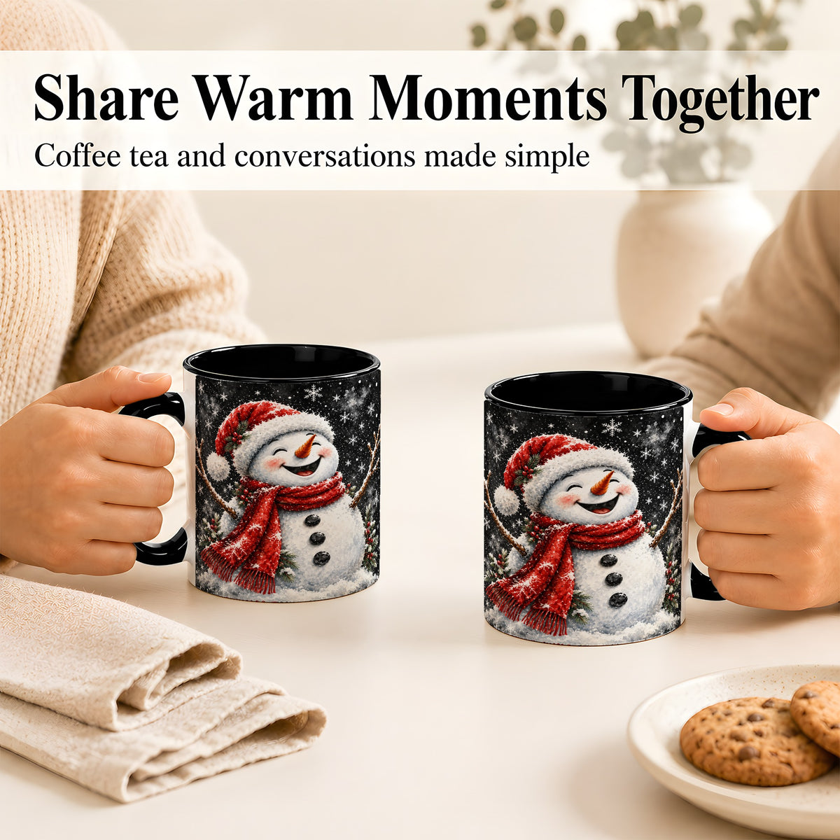 #pl[11oz|Black] Watercolor Snowman Coffee Mug, Red Scarf Winter Mug, Ceramic Cup