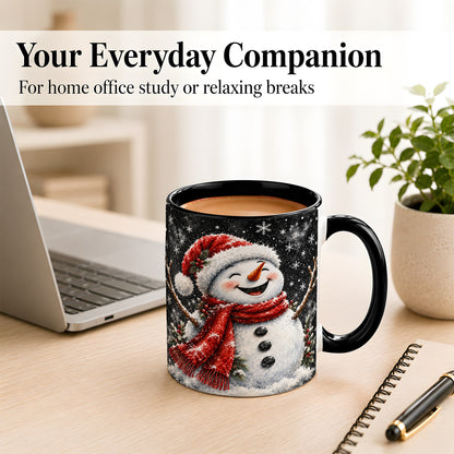 #pl[11oz|Black] Watercolor Snowman Coffee Mug, Red Scarf Winter Mug, Ceramic Cup