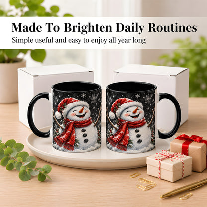#pl[11oz|Black] Watercolor Snowman Coffee Mug, Red Scarf Winter Mug, Ceramic Cup