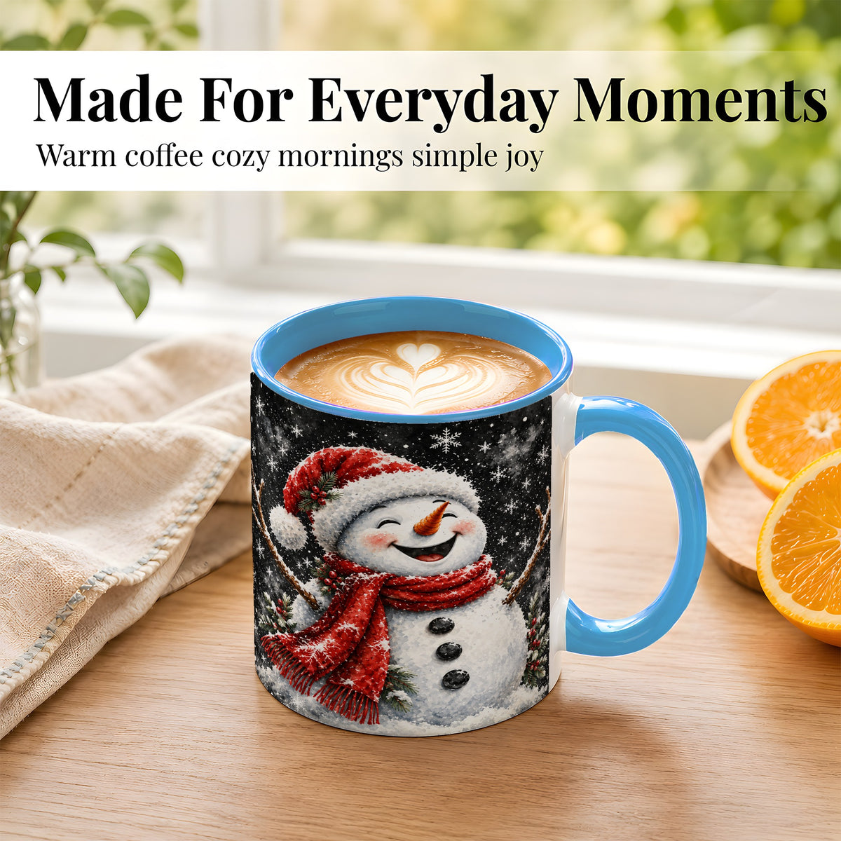 #pl[11oz|Blue] Watercolor Snowman Coffee Mug, Red Scarf Winter Mug, Ceramic Cup
