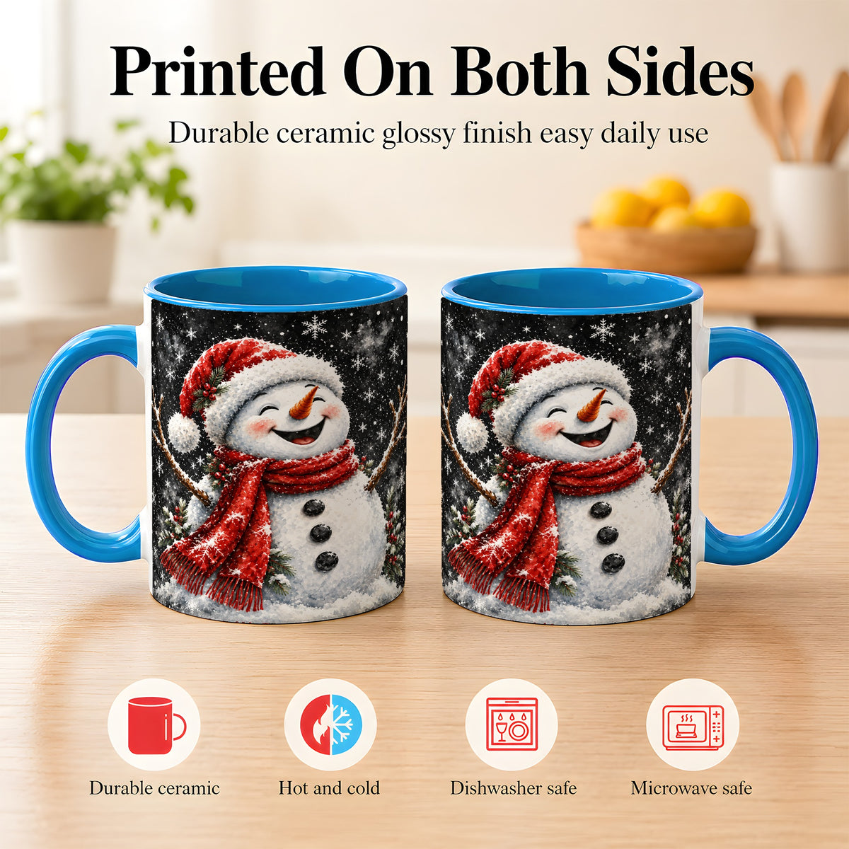 #pl[11oz|Blue] Watercolor Snowman Coffee Mug, Red Scarf Winter Mug, Ceramic Cup