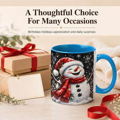 #pl[11oz|Blue] Watercolor Snowman Coffee Mug, Red Scarf Winter Mug, Ceramic Cup