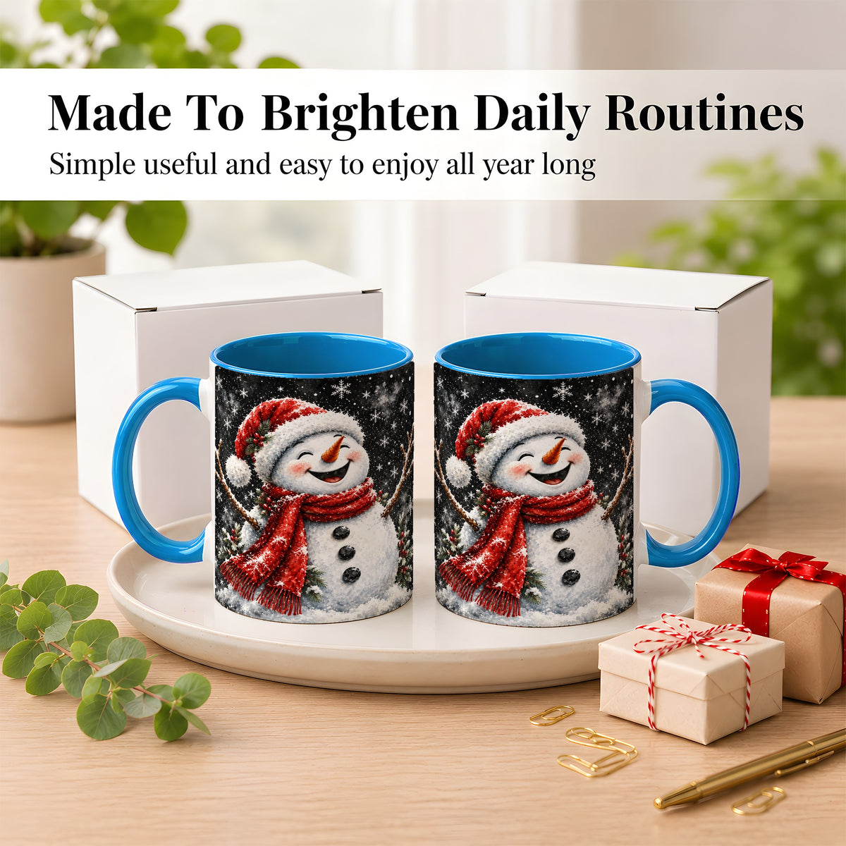 #pl[11oz|Blue] Watercolor Snowman Coffee Mug, Red Scarf Winter Mug, Ceramic Cup