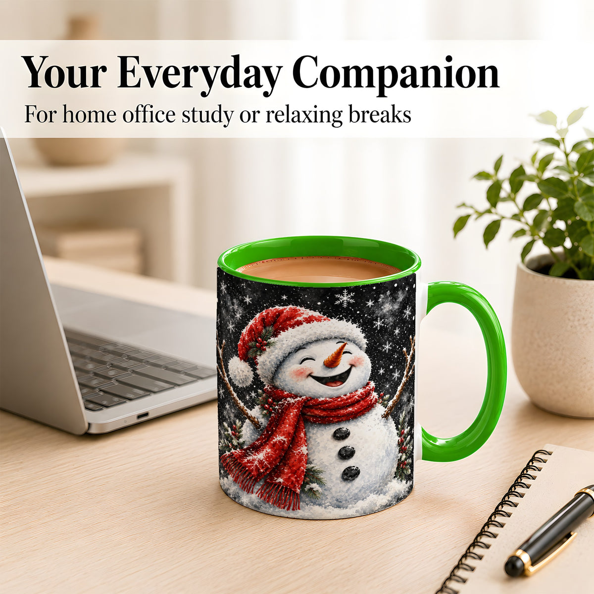 #pl[11oz|Green] Watercolor Snowman Coffee Mug, Red Scarf Winter Mug, Ceramic Cup