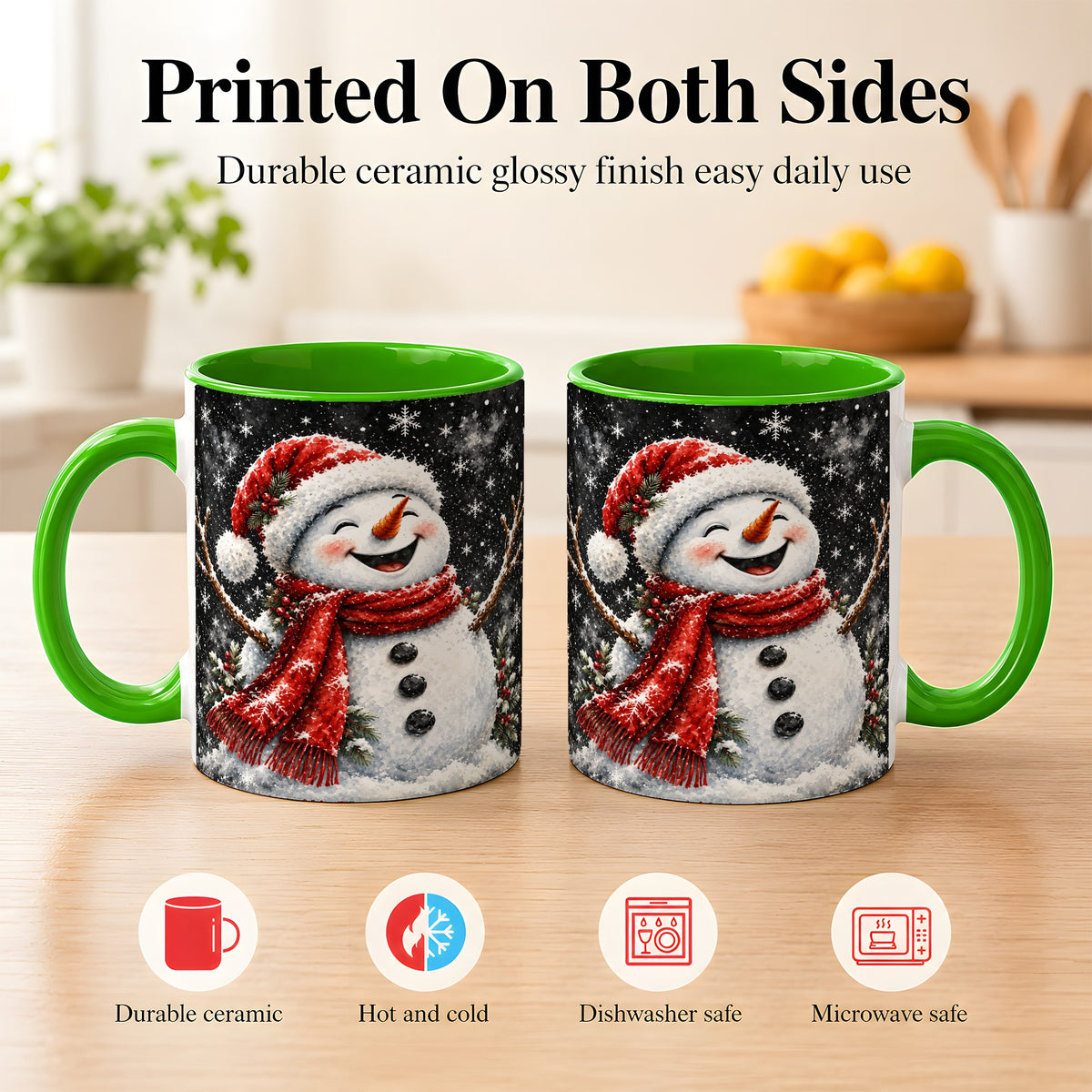 #pl[11oz|Green] Watercolor Snowman Coffee Mug, Red Scarf Winter Mug, Ceramic Cup