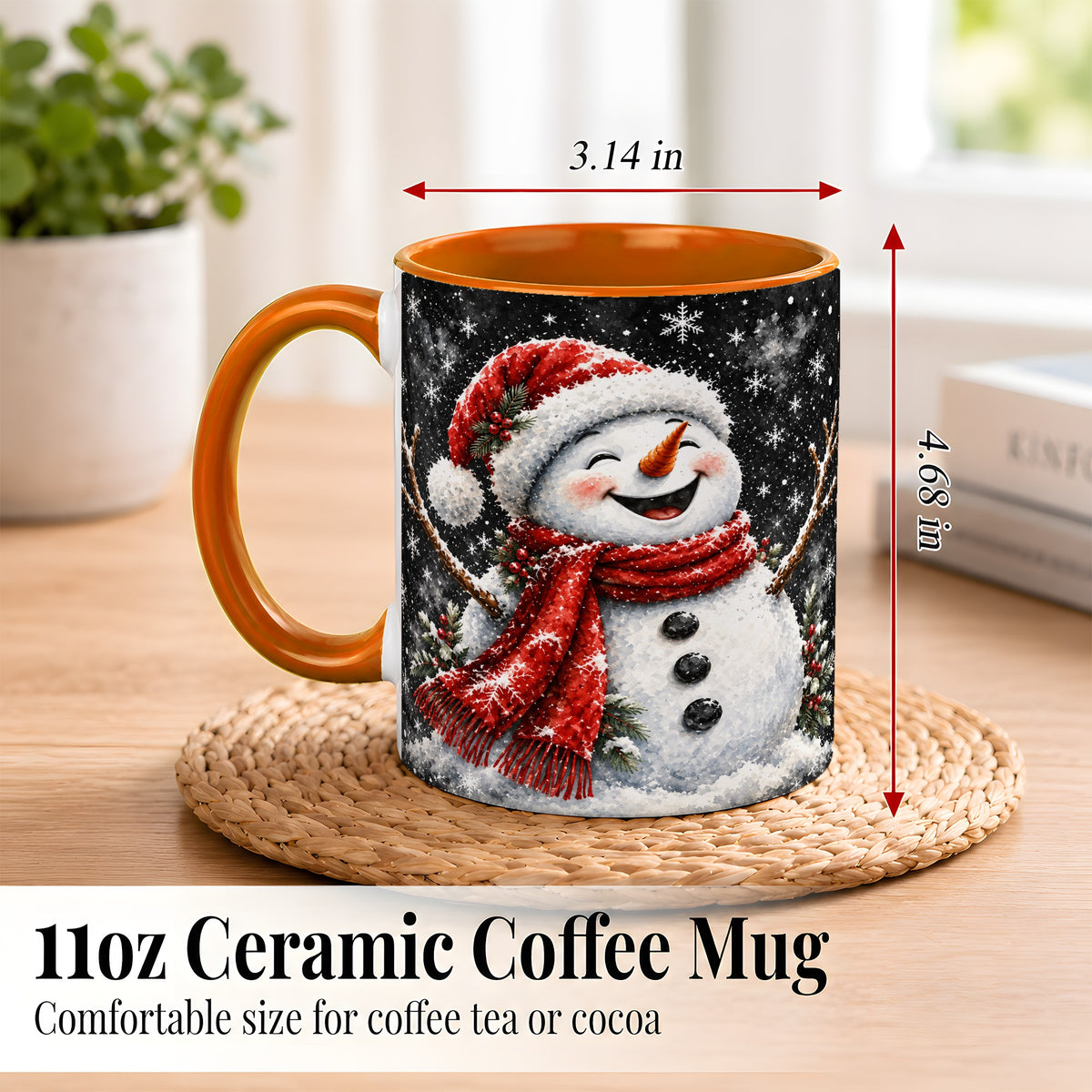 #pl[11oz|Orange] Watercolor Snowman Coffee Mug, Red Scarf Winter Mug, Ceramic Cup
