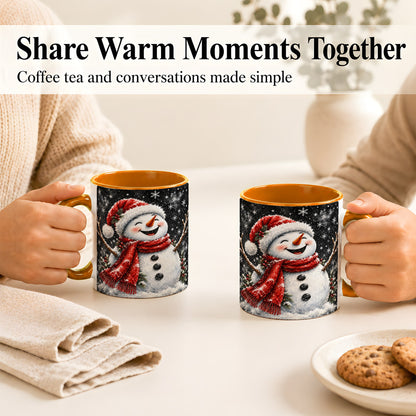 #pl[11oz|Orange] Watercolor Snowman Coffee Mug, Red Scarf Winter Mug, Ceramic Cup